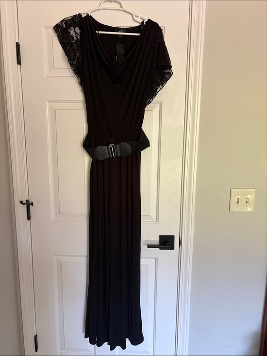 AGB Pants - AGB size Medium Black Lace-Sleeve Maxi Pantsuit with Belt